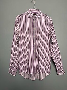 Etro Men’s Striped Dress Shirt Purple White Button Front Long Sleeve Size 41